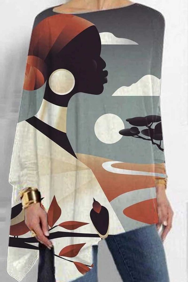 Multicolor Loose Casual Figure Print Asymmetrical Hem Round Neck Long Sleeve Tops Blouses