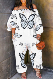 White Loose Casual Abstract Floral Butterfly Print Off Shoulder Long Sleeve Overall Jumpsuits