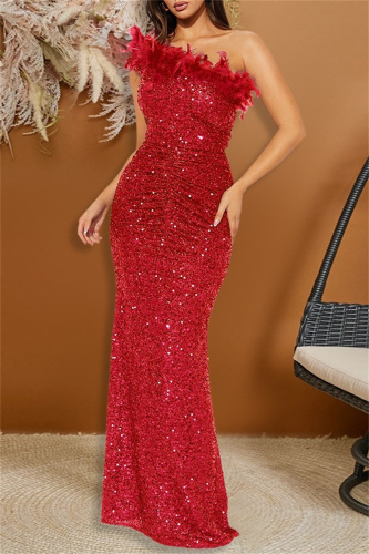 Sleeveless Feathered Neck Trim Bodycon Sparkly Sequin Cocktail Evening  Party Maxi Dress