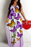 Blue Butterfly Print Sleeveless Backless Spaghetti Strap Floor Length Casual Outing Vacation Straight Loose Maxi Dress
