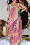 Pink Graphic Floral Print Sleeveless Backless Spaghetti Strap Floor Length Casual Outing Vacation Straight Loose Maxi Slip Dress