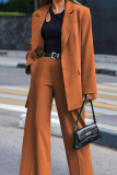 Brown Office Lady Business Turn-back Collar Long Sleeve Casual Suit and Wide Leg Pants 2 Piece Set