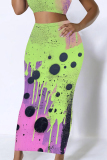 Green Purple Skinny Casual Abstract Colorblock Print Mid Waist Bottoms Long Wrap Skirts