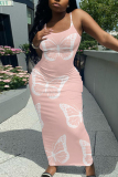 Pink Floral Print Sleeveless Backless Spaghetti Strap Casual Outing Vacation Bodycon Maxi Slip Dress