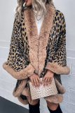Khaki Street Elegant Leopard Fur Trim Long Sleeve Outerwear Fall Winter Cape Cardigan Cloaks