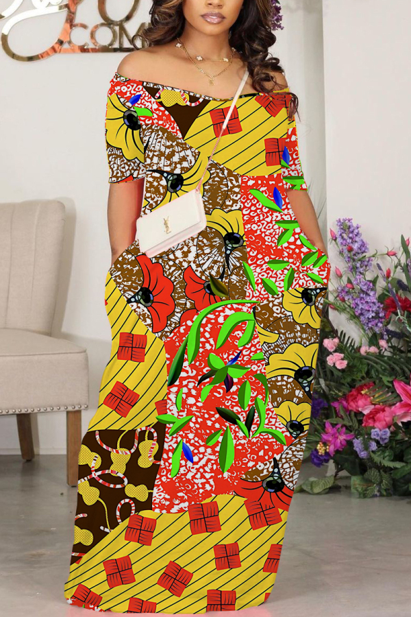 Black Off-Shoulder Short Sleeve Floral Print Loose Maxi Dress High Slit Floor-Length Plus Size Summer Party Outfit