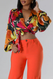 Red Casual Floral Print Strap Tie-front V Neck Long Lantern Sleeve Tops Blouses