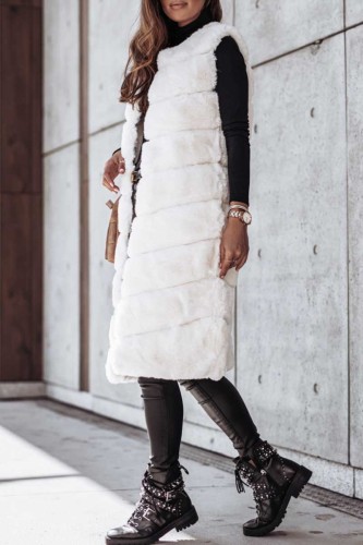 White Casual Sleeveless Cardigan Vest Outerwear Fall Winter Long Fur Waistcoat