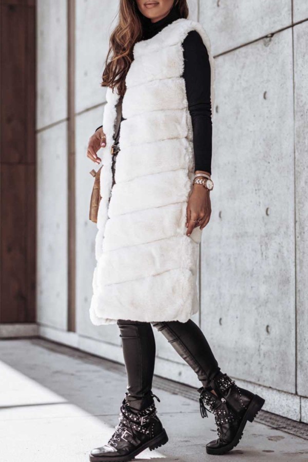 White Casual Sleeveless Cardigan Vest Outerwear Fall Winter Long Fur Waistcoat