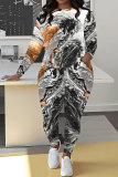 Black Grey Casual Abstract Print Round Neck Long Sleeve T-shirt and Pencil Pants Two Pieces Matching Sets