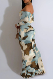 Light Blue Off-Shoulder Ruffled Sleeve Floral Print Bodycon Maxi Dress High Slit Floor-Length Summer Party Outfit