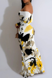 Light Blue Off-Shoulder Ruffled Sleeve Floral Print Bodycon Maxi Dress High Slit Floor-Length Summer Party Outfit