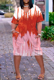 Orange Graphic Print V Neck Short Sleeve Casual Outing Plus Size Straight Loose T Shirt Midi Dress