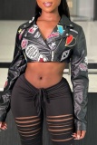 Black PU Casual Embroidery Zipper Turndown Collar Long Sleeve Outerwear Short Jackets Coats