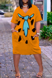 Orange Graphic Print V Neck Short Sleeve Casual Outing Plus Size Straight Loose T Shirt Midi Dress