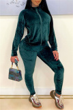 Green Sportwear Pleuche Casual Zipper Collar Long Sleeve Jacket and Pencil Pants Two Pieces Sweatsuist Sets
