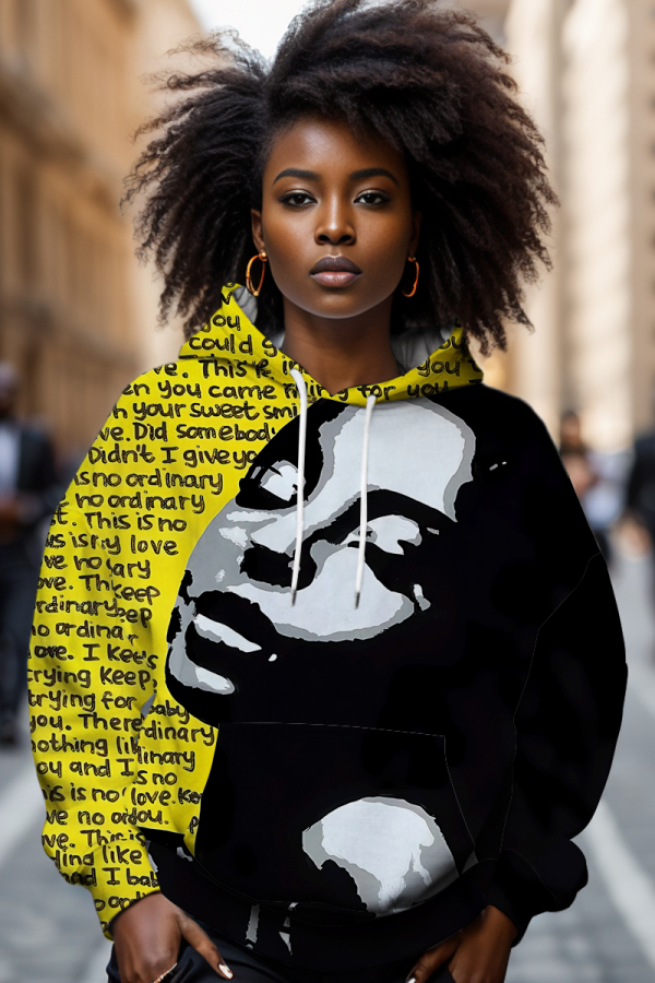 Yellow Black Casual Figure Print Hooded Long Sleeve Fall Winter Tops Sweatshirts
