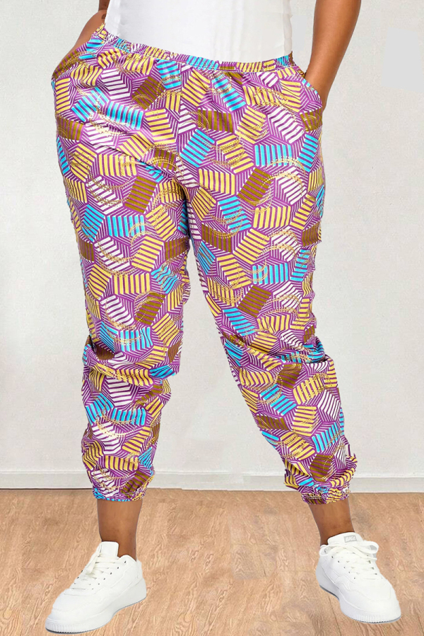 Colorful Geometric Print Jogger Pants Elastic Waist Relaxed Fit with Cuffed Ankles Side Pockets Womens Plus Size Bottom