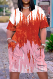 Orange Graphic Print V Neck Short Sleeve Casual Outing Plus Size Straight Loose T Shirt Midi Dress