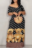 Black Off-Shoulder Short Sleeve Floral Print Loose Maxi Dress High Slit Floor-Length Plus Size Summer Party Outfit