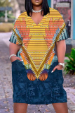 Orange Graphic Print V Neck Short Sleeve Casual Outing Plus Size Straight Loose T Shirt Midi Dress