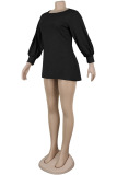Black Wine Red Round Neck Lantern Sleeve Mini Sweater Dress Casual Vacation Wear Straight Loose Knit Dress