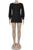 Black Wine Red Round Neck Lantern Sleeve Mini Sweater Dress Casual Vacation Wear Straight Loose Knit Dress