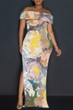 Red Yellow Off-Shoulder Nautical Print Bodycon Maxi Dress High Slit Floor-Length Summer Party Outfit