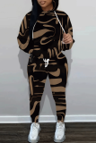 Black Brown Casual Abstract Print Hooded Long Sleeve Sweatshirt and Sweatpants Fall Winter Two Pieces Sweatsuits Sets