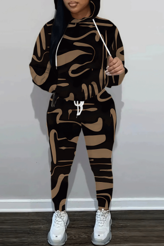Black Brown Casual Abstract Print Hooded Long Sleeve Sweatshirt and Sweatpants Fall Winter Two Pieces Sweatsuits Sets