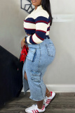Apricot Casual Stripe Contrast Turndown Polo Collar Long Sleeve Fall Winter Knitted Tops Blouses