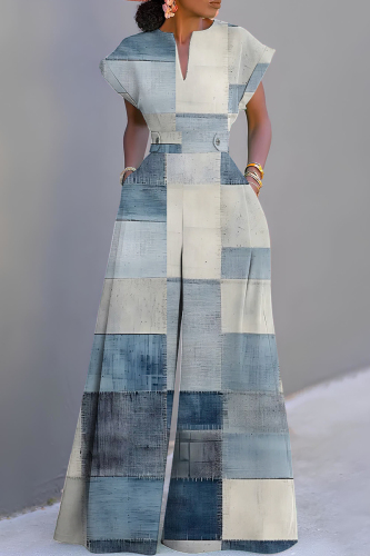 Light Blue Vacation Casual Colorblock Abstract Print V Neck Short Sleeve Wide Leg Jumpsuits