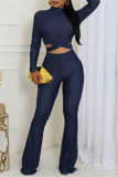 Blue Bodycon Casual Turtleneck Tie-back Long Sleeve Tops and Flare Leg Pants Two Pieces Matching Sets