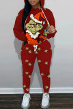 Red Christmas Casual Cartoon Grinch Print Hooded Long Sleeve Sweatshirt and Sweatpants Fall Winter Two Pieces Sweatsuits Sets