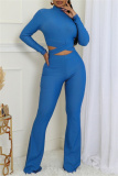 Blue Bodycon Casual Turtleneck Tie-back Long Sleeve Tops and Flare Leg Pants Two Pieces Matching Sets
