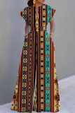 Multicolor Vacation Casual African Print V Neck Belted Short Sleeve Wide Leg Jumpsuits