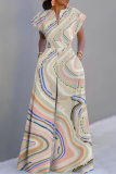 Multicolor Vacation Casual African Print V Neck Belted Short Sleeve Wide Leg Jumpsuits