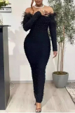 White Pearl Decor Feather Off Shoulder Long Sleeve Bodycon Plus Size Cocktail Party Maxi Dresses