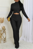 Blue Bodycon Casual Turtleneck Tie-back Long Sleeve Tops and Flare Leg Pants Two Pieces Matching Sets