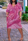 Wine Red Tie Dye V Neck Short Sleeve Pocket Casual Outing Loose T Shirt Midi Dress
