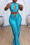 Lake Blue Sleeveless Halter Cut-Out Top and High-Waisted Wide-Leg Pants Clubwear Satin Pleated Two Piece Trouser Set