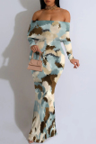 Light Blue Off-Shoulder Ruffled Sleeve Floral Print Bodycon Maxi Dress High Slit Floor-Length Summer Party Outfit