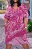 Wine Red Tie Dye V Neck Short Sleeve Pocket Casual Outing Loose T Shirt Midi Dress