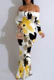 Light Blue Off-Shoulder Ruffled Sleeve Floral Print Bodycon Maxi Dress High Slit Floor-Length Summer Party Outfit