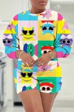 Pink Purple Casual Print Round Neck Long Sleeve Sweatshirt and Shorts Two Pieces Matching Sets