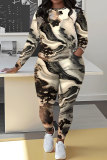 Black Grey Casual Abstract Print Round Neck Long Sleeve T-shirt and Pencil Pants Two Pieces Matching Sets