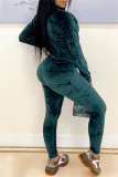 Green Sportwear Pleuche Casual Zipper Collar Long Sleeve Jacket and Pencil Pants Two Pieces Sweatsuist Sets