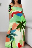 Black Off-Shoulder Short Sleeve Floral Print Loose Maxi Dress High Slit Floor-Length Plus Size Summer Party Outfit