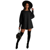 Black Wine Red Round Neck Lantern Sleeve Mini Sweater Dress Casual Vacation Wear Straight Loose Knit Dress