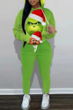 Red Christmas Casual Cartoon Grinch Print Hooded Long Sleeve Sweatshirt and Sweatpants Fall Winter Two Pieces Sweatsuits Sets